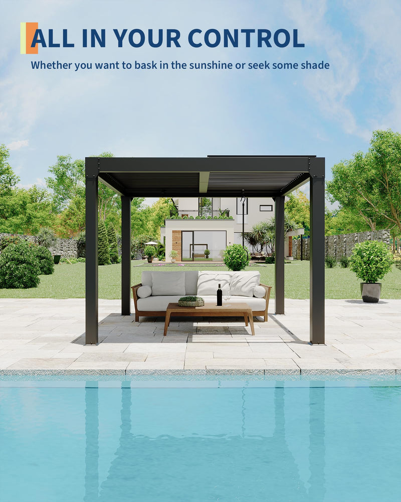 GarveeLife Louvered Pergola 10 ft x10', Outdoor Pergola with Adjustable Louvered Roof, Reinforced Aluminum Frame, Integrated Drainage System, Hardtop Gazebo for Patio, Deck, Gray