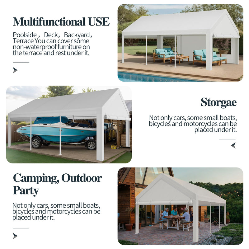 Shintenchi Carport 10' x 20' Heavy Duty Portable Garage, Car Port Canopy with Side-Opening Removable Door & Roll-Up Windows, Car Canopy for Truck,Car,Boat,Motorcycle,White