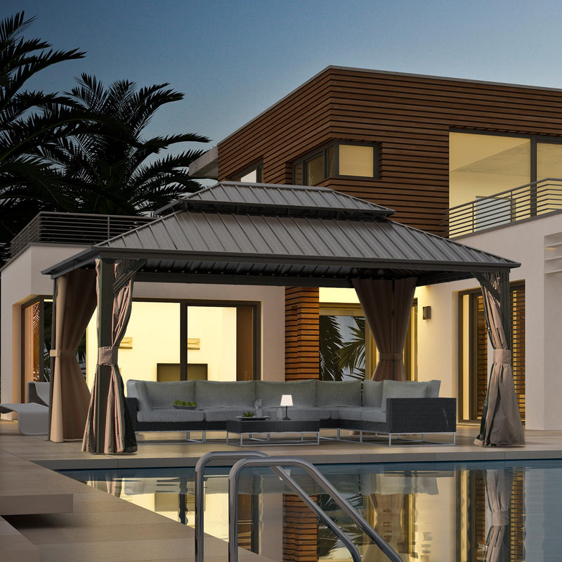 Domi 12'x16' Hardtop Gazebo Canopy Metal,Outdoor Aluminum Gazebo with Galvanized Steel Double Roof,Curtain and Netting,Permanent Gazebo Pavilion for Patio Deck,Backyard