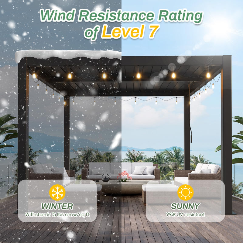 LVUYOYO Outdoor Louvered Pergola 10' x 10' with LED String Lights, Aluminum Pergola with Adjustable Roof, Waterproof Metal Gazebo for Patio, Backyard, Garden, Deck (10x10FT with Lights)