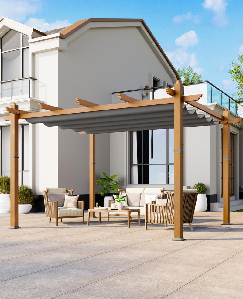 Agrestem 10x13 Ft Retractable Outdoor Pergola with Canopy, Upgraded Wood-Grain Aluminum Pergola, Modern Pavilion for Backyard, Patio, Porch, Grape Trellis, Gray
