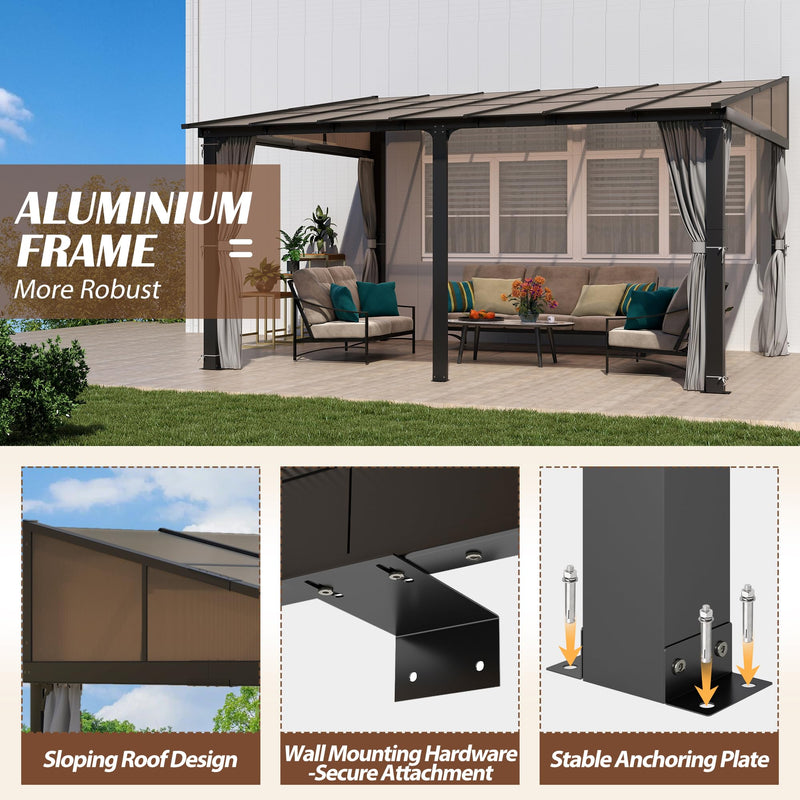 Raysfung 12x14FT Outdoor Wall-Mounted Hardtop Gazebo, Aluminum Frame Lean to Gazebo with Polycarbonate Roof and Curtains for Patio, Garden, Deck