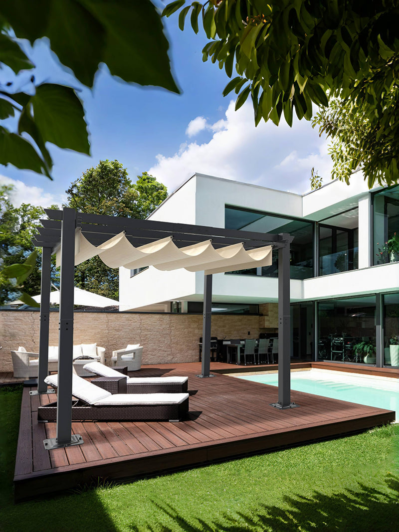 GAOMON 10x10 Ft Outdoor Aluminum Pergola with Upgraded Retractable Canopy, Outdoor Shelter Suitable for Gardens, Backyard, Lawn, Deck - Khaki.