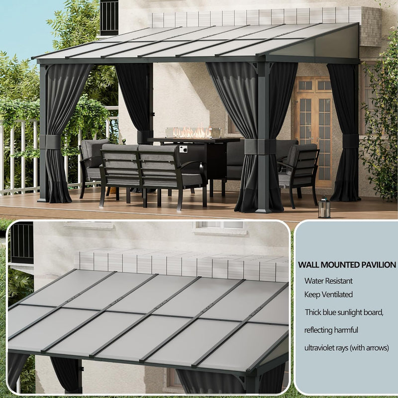 ASJMR 10x28FT Wall Mounted Gazebo Hardtop,Outdoor Wall-Mounted Patio Pergola Metal Frame Double Curtains Gazebo with Sloping Sun Panel Roof for Patio,Garden,Lawn,Pool,Backyard Deck, Sand