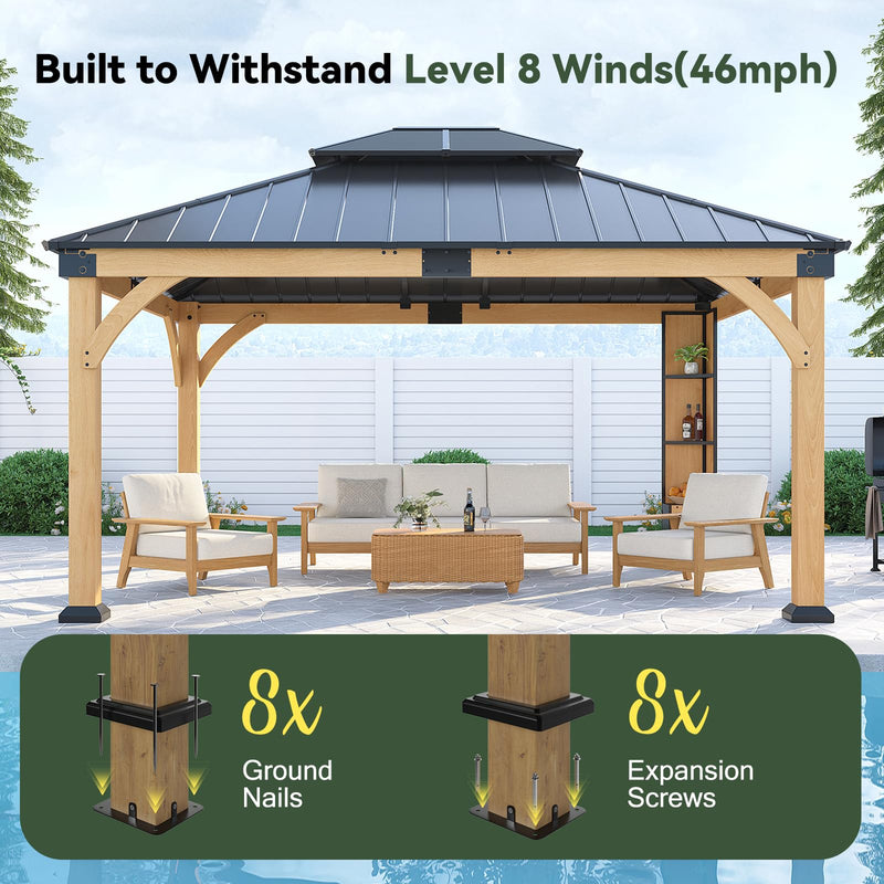 ZIENLIFE 12x14 ft Cedar Wood Gazebo with Sunlight Roof &Storage Cabinet, Hardtop Gazebo with Galvanized Steel Double Roof, Heavy Duty Pavilion for Patio Lawn and Garden