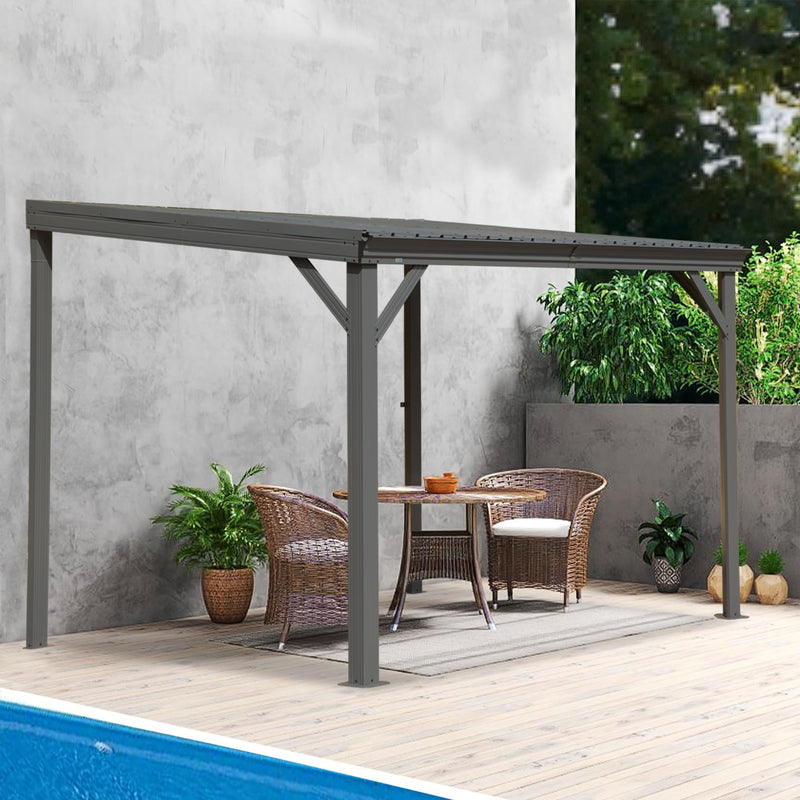 Domi 8' x10' Lean to Gazebo with Upgraded Drainage System, Wall Mounted Gazebo Hardtop Galvanized Steel Sloping Roof for Patio Deck Backyard Lawn Party（Gray）