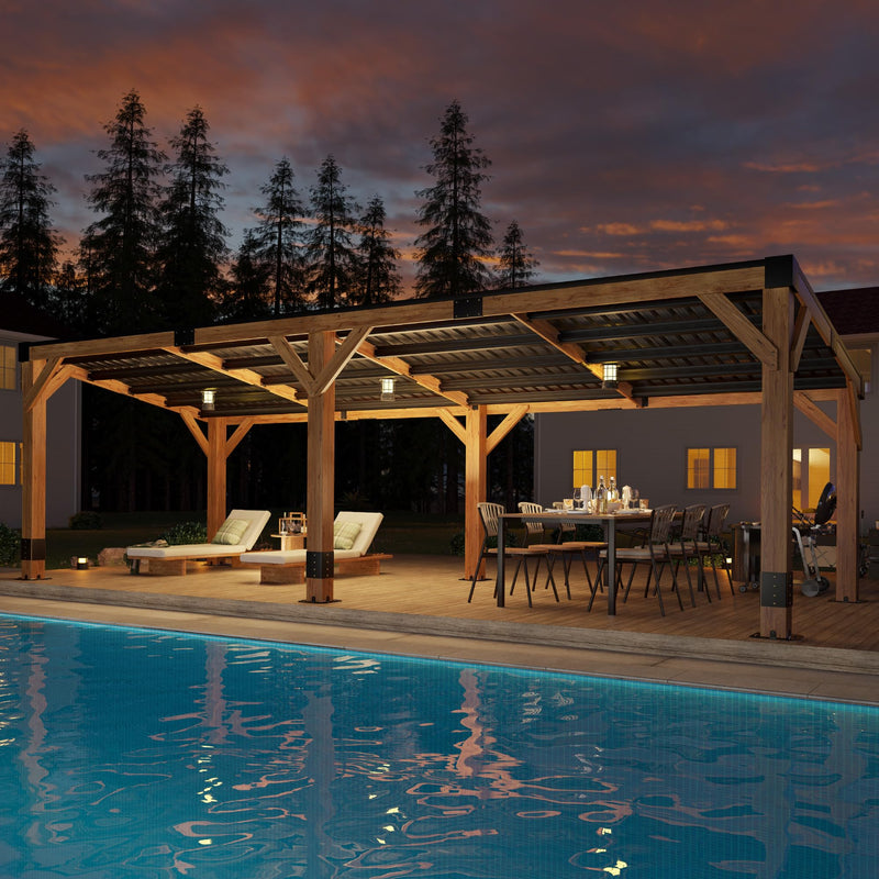 AMERLIFE 10 x 20FT Wood Gazebo with Metal Hardtop, Large Outdoor Grill Canopy with Sloped Roof, Heavy Duty Pergola for Garden, Patio, Backyard, Solid Spruce