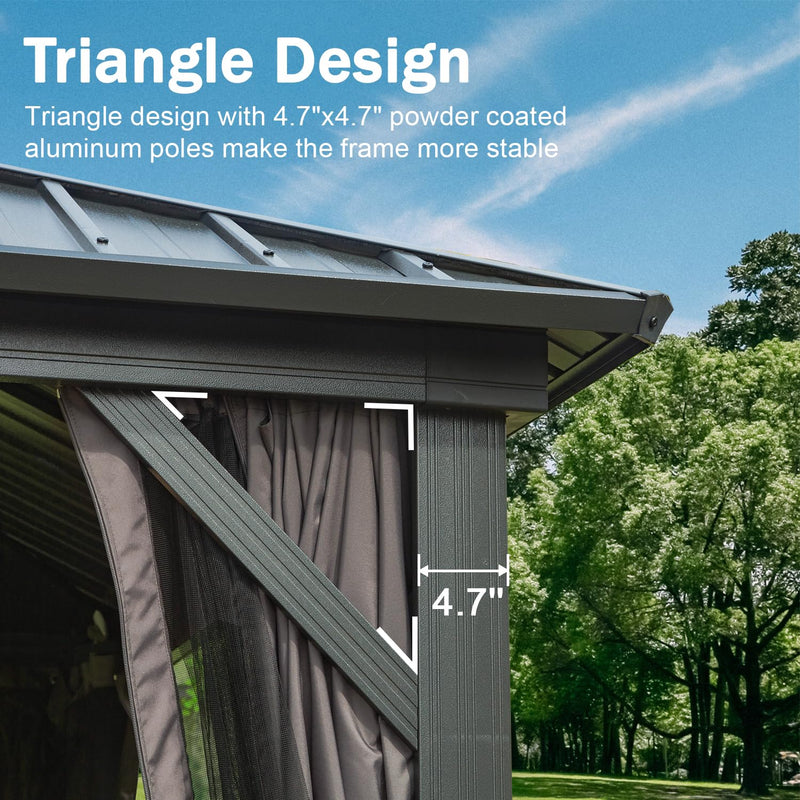 Domi 10x14FT Hardtop Gazebos, Aluminum Metal Gazebo with Galvanized Steel Double Roof Canopy, Curtain and Netting, Permanent Gazebo Pavilion for Patio, Backyard, Deck and Lawn, Grey