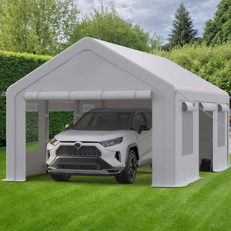 GarveeLife Heavy Duty Carport, Portable Garage with 4 Doors & 4 Window, Upgraded Carport with Reinforced Steel Poles, Uv Resistant All-Season Waterproof Tarp, for Car, Truck, Boat