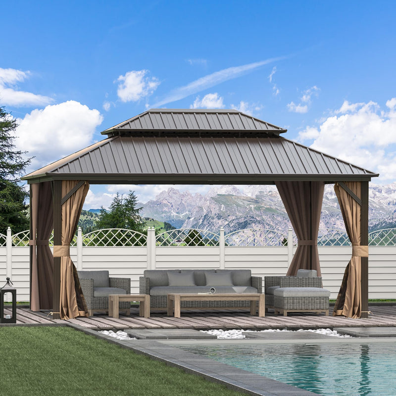 Domi 12'x16' Hardtop Gazebo Canopy Metal,Outdoor Aluminum Gazebo with Galvanized Steel Double Roof,Curtain and Netting,Permanent Gazebo Pavilion for Patio Deck,Backyard