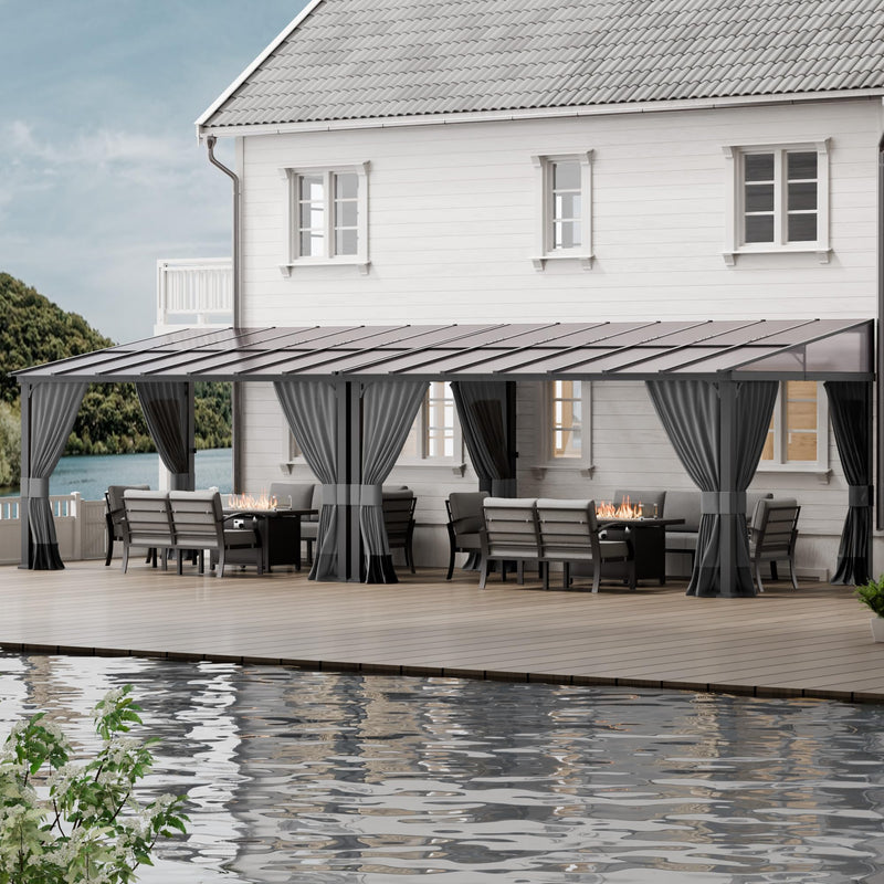 ASJMR 10x28FT Wall Mounted Gazebo Hardtop,Outdoor Wall-Mounted Patio Pergola Metal Frame Double Curtains Gazebo with Sloping Sun Panel Roof for Patio,Garden,Lawn,Pool,Backyard Deck, Sand