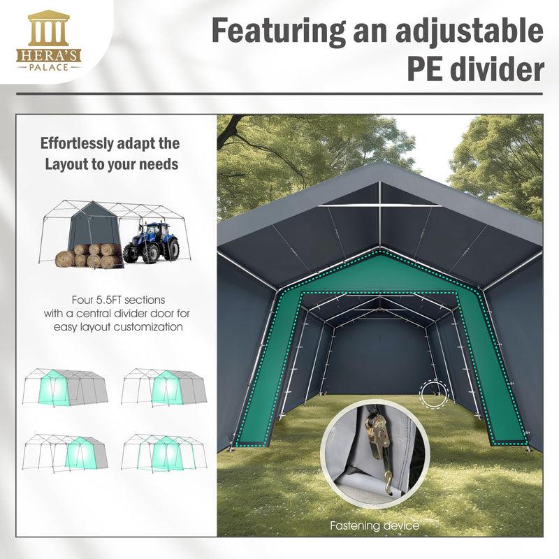 HERA'S PALACE 13x22 ft Heavy Duty Carport Portable Canopy Storage Shelter Shed with Metal Frame and Divider Curtain All-Season Tarp for Car Boat Truck Motorcycle