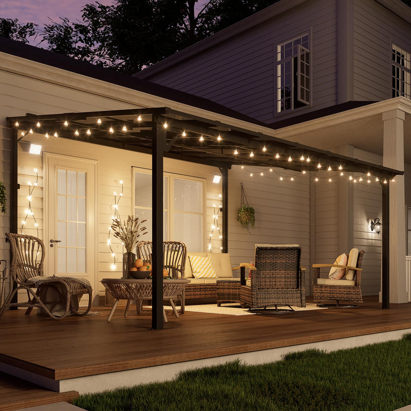 MEISSALIVVE 12' x 14' Gazebo, Wall Mounted Gazebo, Lean to Metal Awnings Gazebos, Gazebo Pergola with Sloped Roof, Outdoor Patio Gazebo Awning for Backyard, Deck, Black