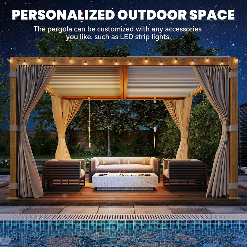 UPHYB Louvered Pergola 12x12ft, Adjustable Aluminum Pergola with Waterproof Curtains and Nets, Sun & Rain Shade for Patio, Modern DIY Outdoor Living Upgrade, Woodgrain