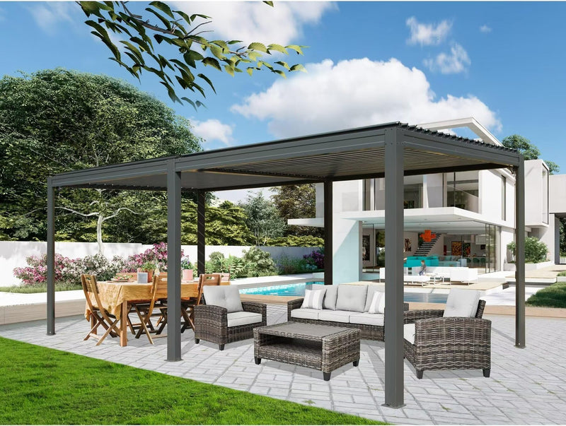 Domi Outdoor Louvered Pergola 10x20FT with Adjustable Steel Roof, Outdoor Aluminum Frame Rainproof Pergola for Backyard, Garden and Lawn,Dark Gray