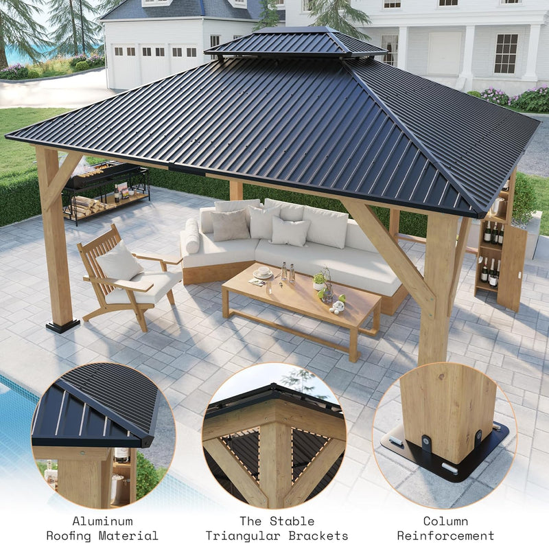 AMERLIFE 13x15 Spruce Wood Gazebo, Hardtop Gazebo with Double Iron Roof & Storage bar, Outdoor Paviloin with Wood Frame for Patio, Parties, Garage, Lawns