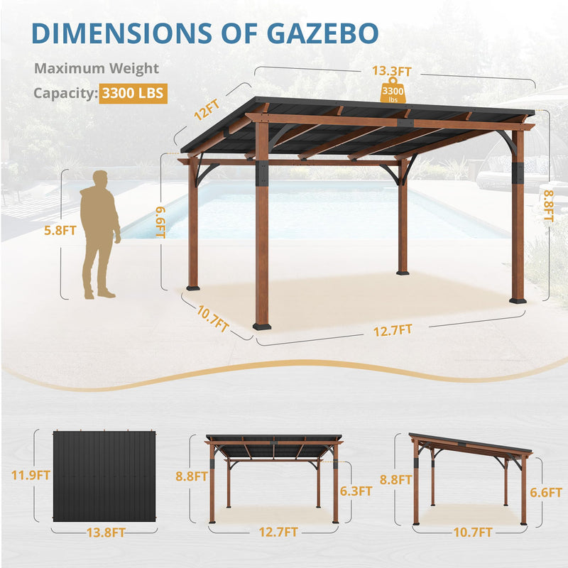 LUE BONA 12x14 ft Hardtop Gazebo, Lean to Gazebo Outdoor Pergola with Wood-Like Aluminum Frame and Metal Roof, Outdoor Permanent Galvanized Steel Pavilion for Deck, Patio, Backyard