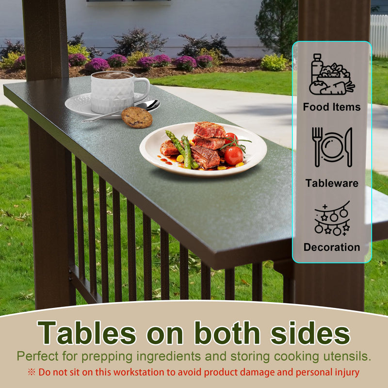 Domi 6.5x12FT Hardtop Grill Gazebo, Outdoor BBQ Gazebo with 2 Side Shelves and Sloping Galvanized Steel Roof, Metal Permanent Grill Canopy with Ceiling Hooks for Patio, Lawn, Backyard, Deck, Brown