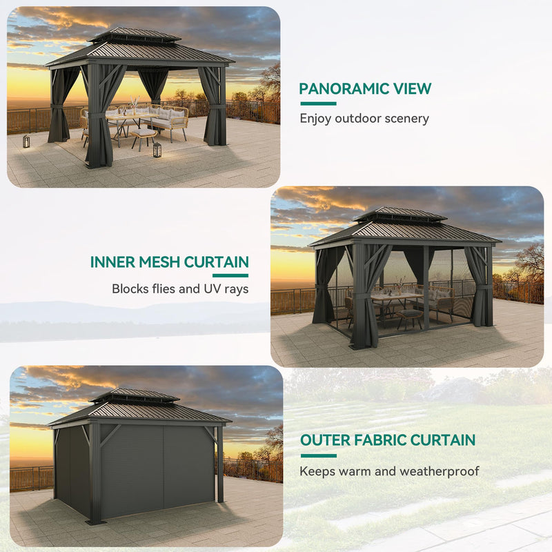 YITAHOME 12x14ft Hardtop Gazebo, Heavy Duty Double Roof Galvanized Steel Outdoor with Nettings and Curtains Combined of Vertical Stripes Roof for Patio, Backyard, Deck, Lawns, Gray