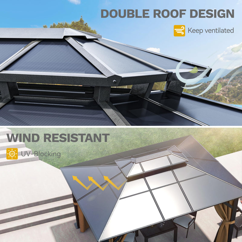 DWVO 10x12ft Hardtop Gazebo Double Roof Polycarbonate Canopy Outdoor with Netting and Shaded Curtains, Aluminum Frame Garden Tent for Patio, Backyard, Deck and Lawns, Brown
