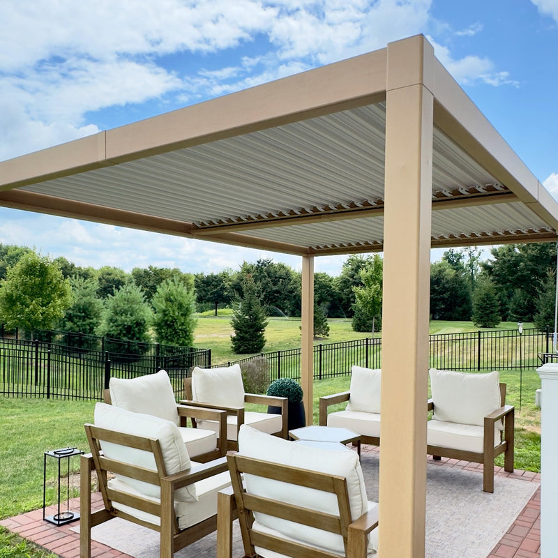 PURPLE LEAF 10' x 12' Louvered Pergola Outdoor Wood Grain Aluminum Pergola with Adjustable Roof Retractable Patio Rainproof Hardtop Gazebo for Deck Backyard Garden