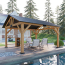 AMERLIFE 13x15 ft Spruce Wood Gazebo, Outdoor Gazebo with Bar Storage, Hardtop Wooden Paviloinwith Metal Steel Gable Roof, Patio, Garage, Black + Natural Wood