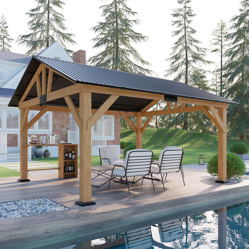 AMERLIFE 13x15 ft Spruce Wood Gazebo, Outdoor Gazebo with Bar Storage, Hardtop Wooden Paviloinwith Metal Steel Gable Roof, Patio, Garage, Black + Natural Wood