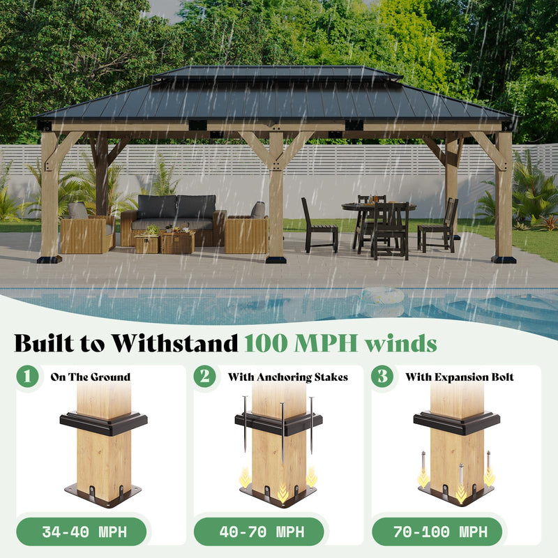 AMERLIFE 12x20 ft Hardtop Gazebo, Spruce Wood Gazebo with Iron Double Roof, Outdoor Pergola with Wood Frame for Garden, Porch, Patio, Charcoal Gray + Brown Gray