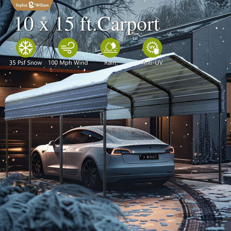 Carport Car Port Metal Canopy 10x15 ft Heavy Duty for Snow, Portable Garage Kit Shed Tent Shelter Metal Frame All Weather Outdoor for Boat with Removable Sidewalls, Dark Grey, Sophia & William