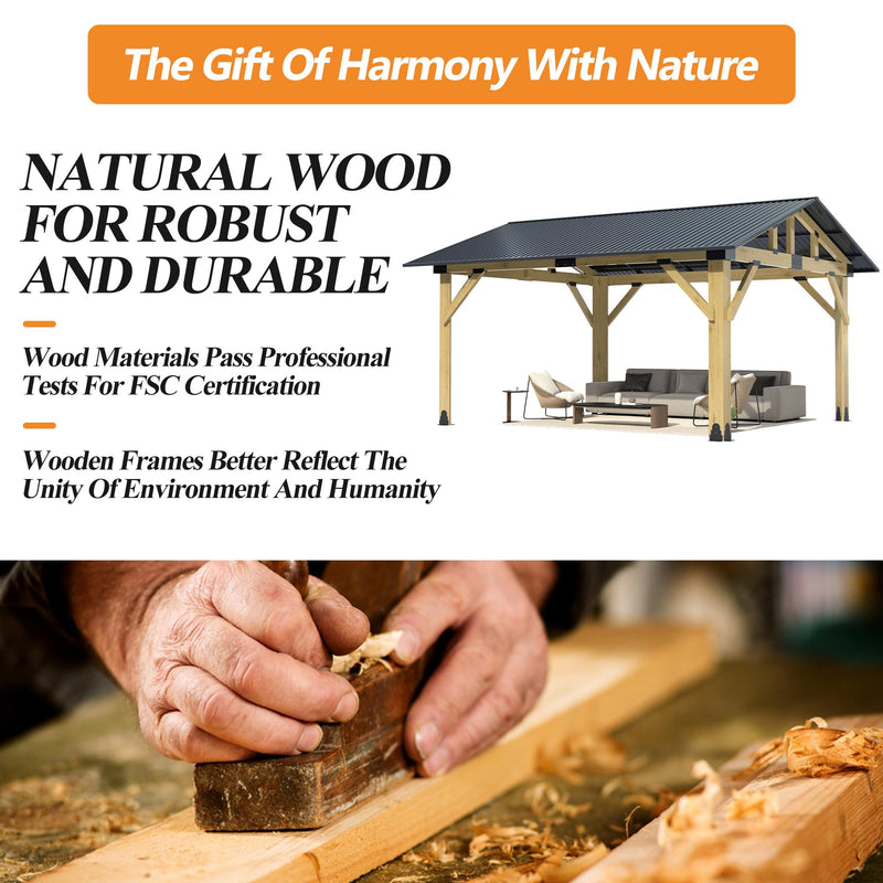 COVERONICS 13’x15’ Outdoor Hardtop Wood Gazebo - Patio Gazebo with Galvanized Steel Roof, Cedar Wooden Carport Gazebos for Garden, Porch, Patio and Deck