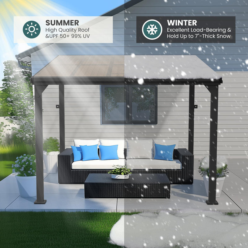 Pamapic 10 * 10FT Wall Mounted Gazebo,4*4 Inch Thickened Pillars & Enlarged Base,Outdoor Hardtop Lean to Pergola,UV Resistant Polycarbonate Roof,Aluminum Frame Pergola,Outdoor Patio Awnings for Lawn