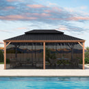 PURPLE LEAF 14' X 20' Outdoor Hardtop Gazebo for Patio Galvanized Steel Double Roof Permanent Canopy Teak Finish Coated Aluminum Frame Pavilion Gazebo with Netting
