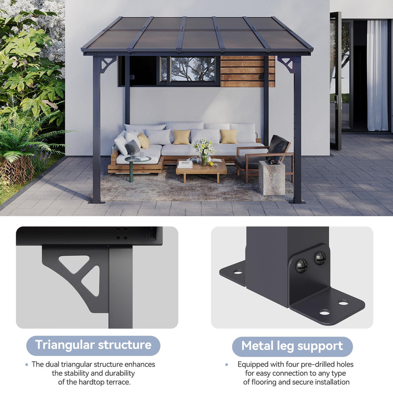 oneinmil 10 x 8FT Hardtop Gazebo for Patio, Outdoor Aluminum Wall-Mounted Gazebo Pergola with Sloped Roof, Heavy Duty Awnings for Patio Covers, Backyard, Deck, Garden