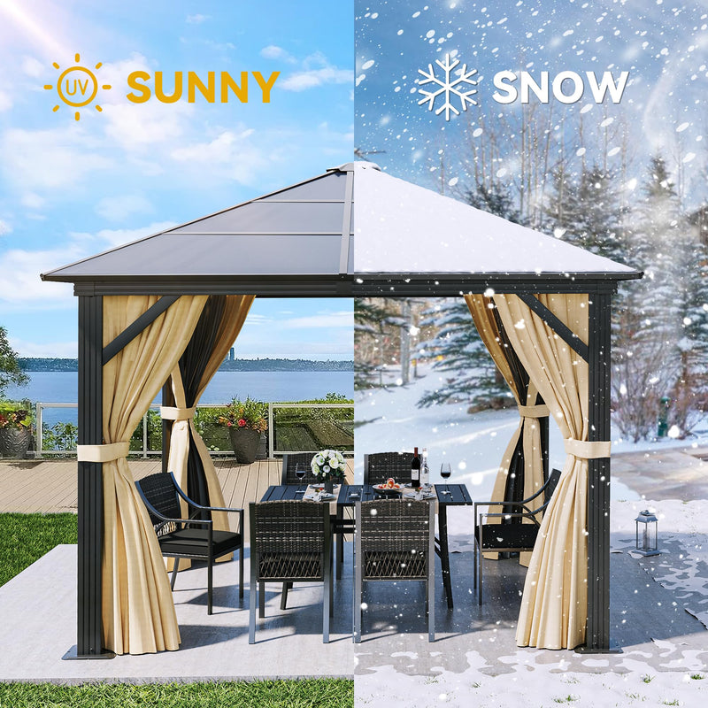 YITAHOME 10x10 Gazebo Polycarbonate Hardtop Outdoor Single Top Canopy with Netting and Shaded Curtains, Aluminum Frame Garden Tent for Patio, Backyard, Deck and Lawns, Brown