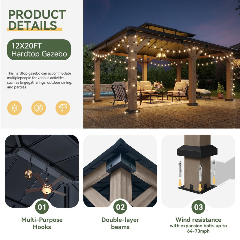Aoxun 12' x 20' Outdoor Wood Gazebo, Hardtop Gazebo Permanent Wooden Pavilion with Galvanized Steel Double Roof, for Patio, Garden, Backyard, Cedar Wood