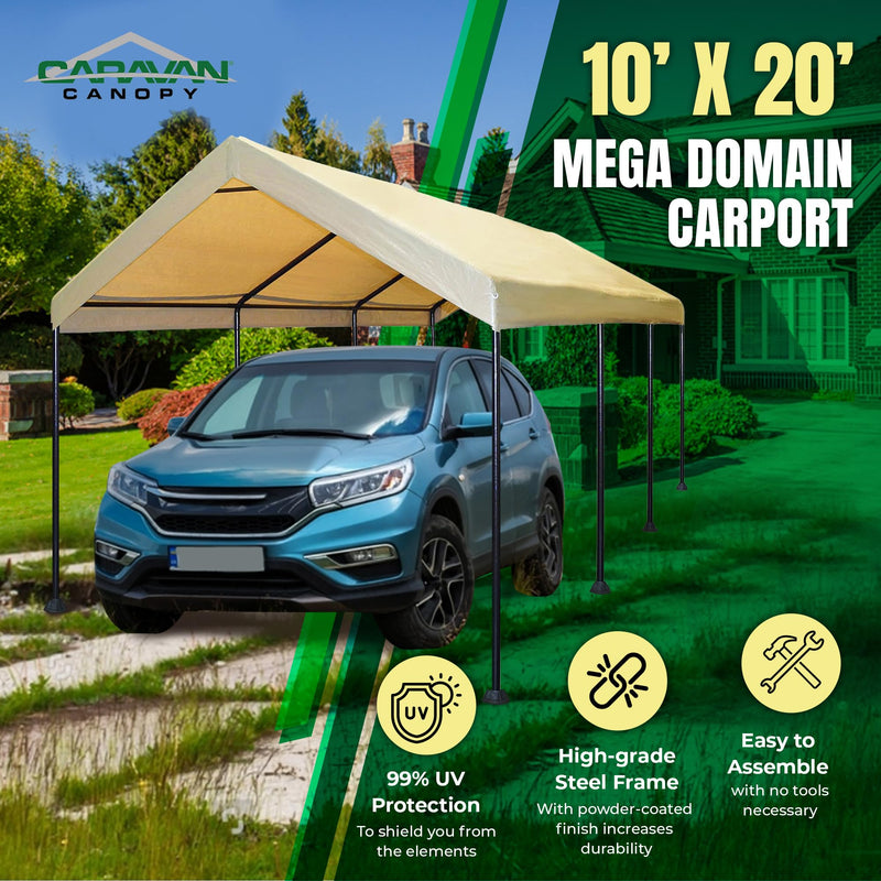 Caravan Canopy Mega Domain Carport with Waterproof Polyethylene Top, Durable Steel Frame, Compression Lock, and Easy Assembly, 10 by 20 Feet, Tan
