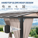 Gotland 10FTx12FT Outdoor Wall-Mounted Hardtop Pergola, Metal Frame Gazebo with Sloping Sun Panel Roof and Double Curtains for Patio, Garden, Lawn, Khaki