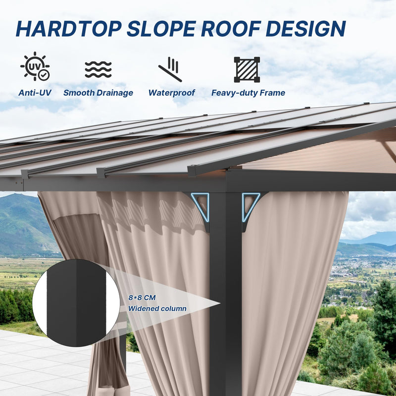 Gotland 10FTx12FT Outdoor Wall-Mounted Hardtop Pergola, Metal Frame Gazebo with Sloping Sun Panel Roof and Double Curtains for Patio, Garden, Lawn, Khaki