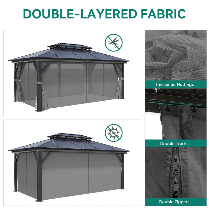 YITAHOME 12x16FT Polycarbonate Gazebo Double Roof Canopy Outdoor with Netting and Shaded Curtains, Aluminum Frame Polycarbonate Hardtop Garden Tent for Patio, Backyard, Deck and Lawns, Grey
