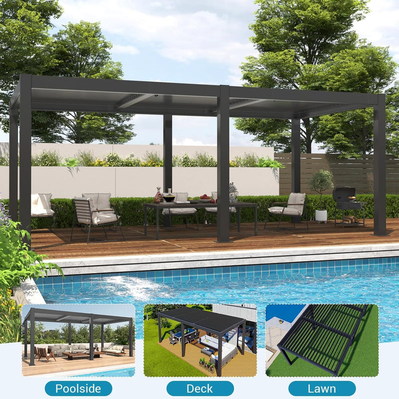 LVUYOYO Outdoor Louvered Pergola 10' x 20', Patio Aluminum Pergola with Adjustable Roof, Waterproof Metal Gazebo for Backyard, Garden, Deck (Black)