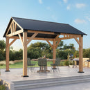 LUXOAK 10x12 ft Wood Gazebo, Hardtop Pergola with Steel Gable Roof, Outdoor Gazebo with Guest House for Garden, Porch, Patio, Black + Natural Wood