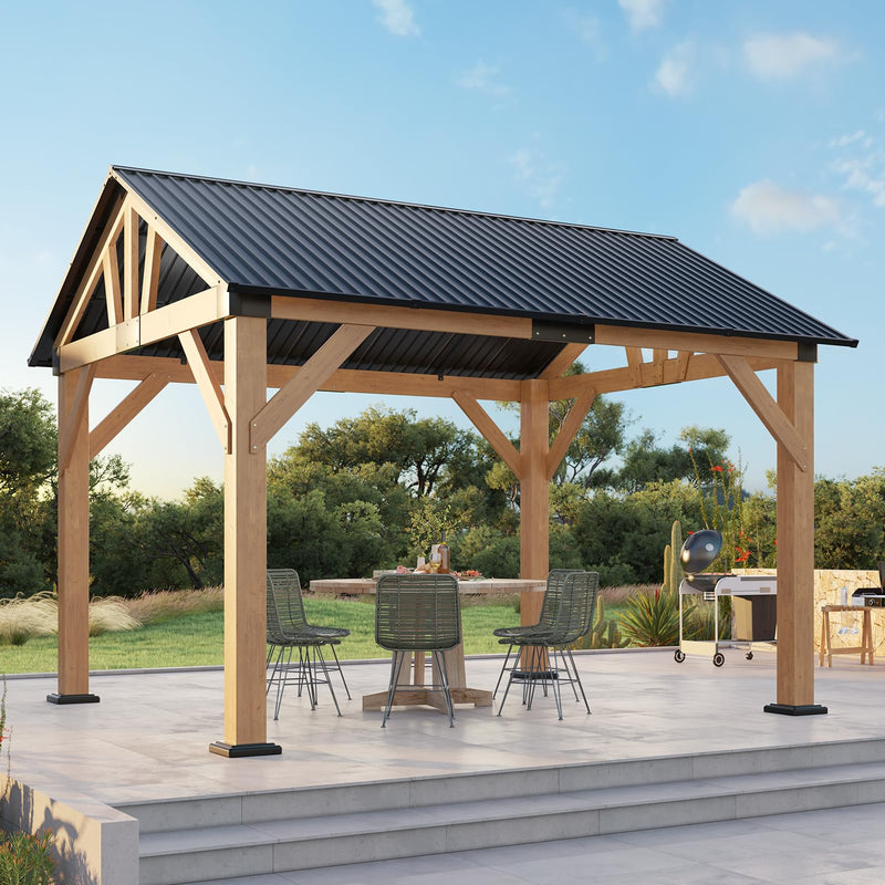 LUXOAK 10x12 ft Wood Gazebo, Hardtop Pergola with Steel Gable Roof, Outdoor Gazebo with Guest House for Garden, Porch, Patio, Black + Natural Wood