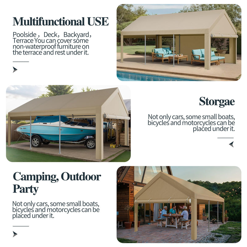 Shintenchi Carport 12' x 20' Heavy Duty Portable Garage, Car Port Canopy with Side-Opening Removable Door & Roll-Up Windows, Car Canopy for Truck,Car,Boat,Motorcycle,Khaki