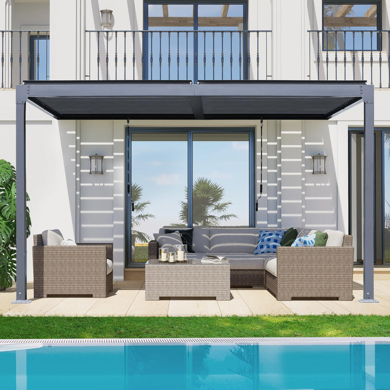 BPS 13 x 10 ft. Outdoor Aluminum Wall Mounted Louvered Pergola Waterproof Gazebo Sun Shade Shelter with 2 Adjustable Rainproof Panels for Patio, Garden, Backyard Lawn & Garden - Dark Gray