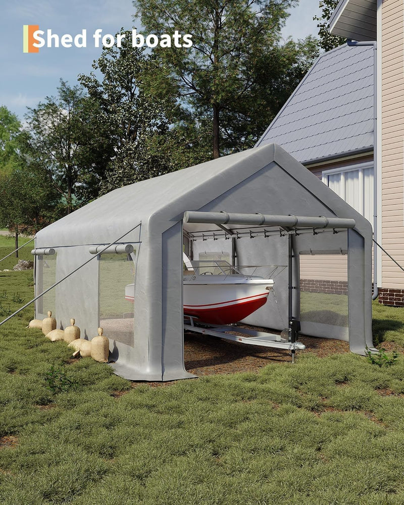 12 x 20FT Heavy Duty Carport with Roll-Up Windows, Portable Garage with Removable Sidewalls & Doors, Portable Car Tent Garage with Roll-Up Windows and All-Season Tarp, for Car, Truck,