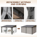 Raysfung 12x14FT Outdoor Wall-Mounted Hardtop Gazebo, Aluminum Frame Lean to Gazebo with Polycarbonate Roof and Curtains for Patio, Garden, Deck