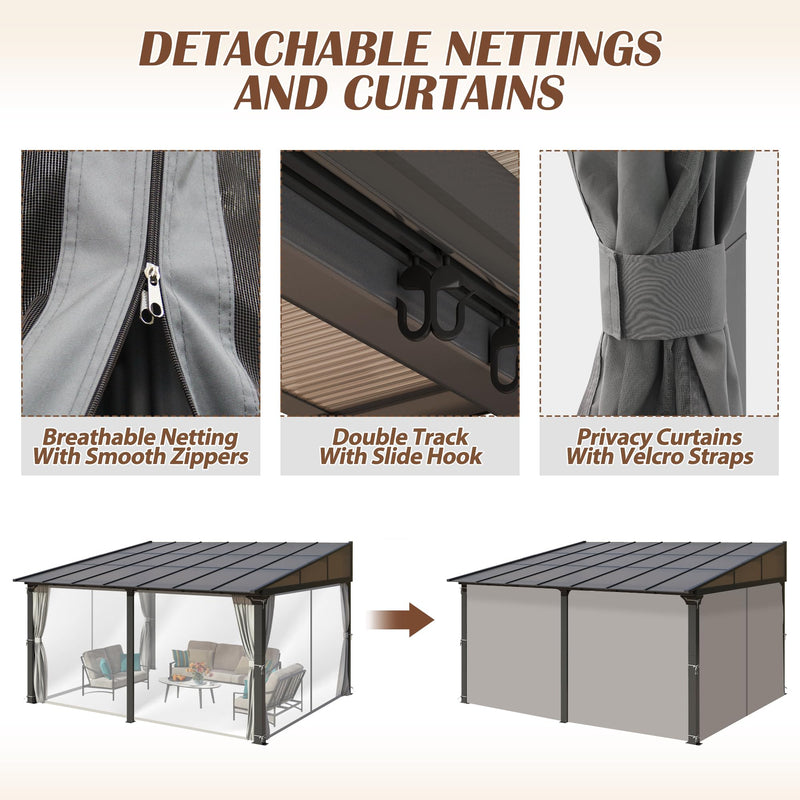 Raysfung 12x14FT Outdoor Wall-Mounted Hardtop Gazebo, Aluminum Frame Lean to Gazebo with Polycarbonate Roof and Curtains for Patio, Garden, Deck