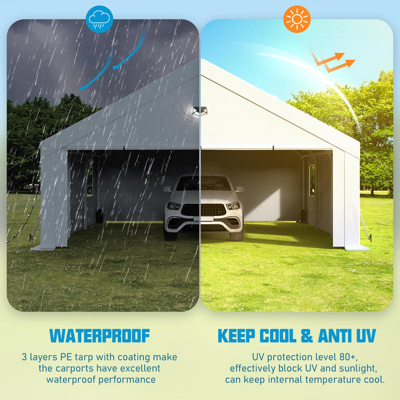 Benass 20x20 Carport, Heavy Duty Carport Canopy Garage with Removable Sidewalls and Drive Through Roll Up Doors Zipper, White