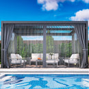 Louvered Pergola 12'x 16' with Curtains & Netting, Metal Outdoor Pergola with Adjustable Louvers Roof and Gutter System, Metal Hardtop Gazebo for Patio, Deck, Garden, Yard, Dark Gray