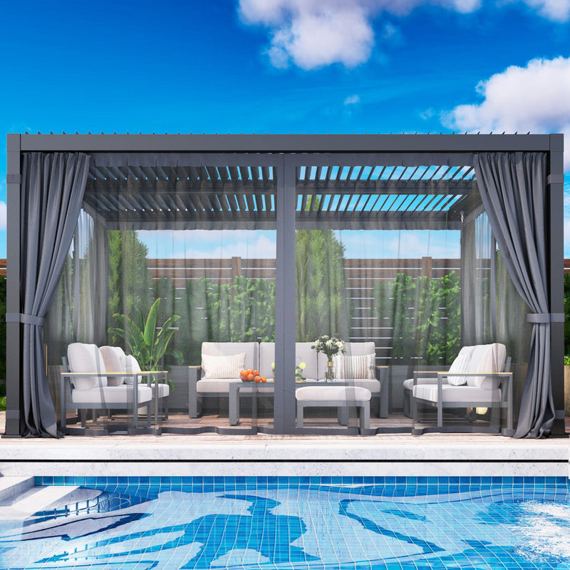 Louvered Pergola 12'x 16' with Curtains & Netting, Metal Outdoor Pergola with Adjustable Louvers Roof and Gutter System, Metal Hardtop Gazebo for Patio, Deck, Garden, Yard, Dark Gray